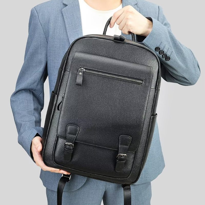 Pánské Batohy Business Travel Tech Backpack Z Hovězí Kůže - Černá