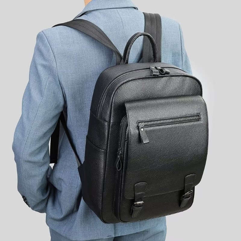 Pánské Batohy Business Travel Tech Backpack Z Hovězí Kůže - Černá