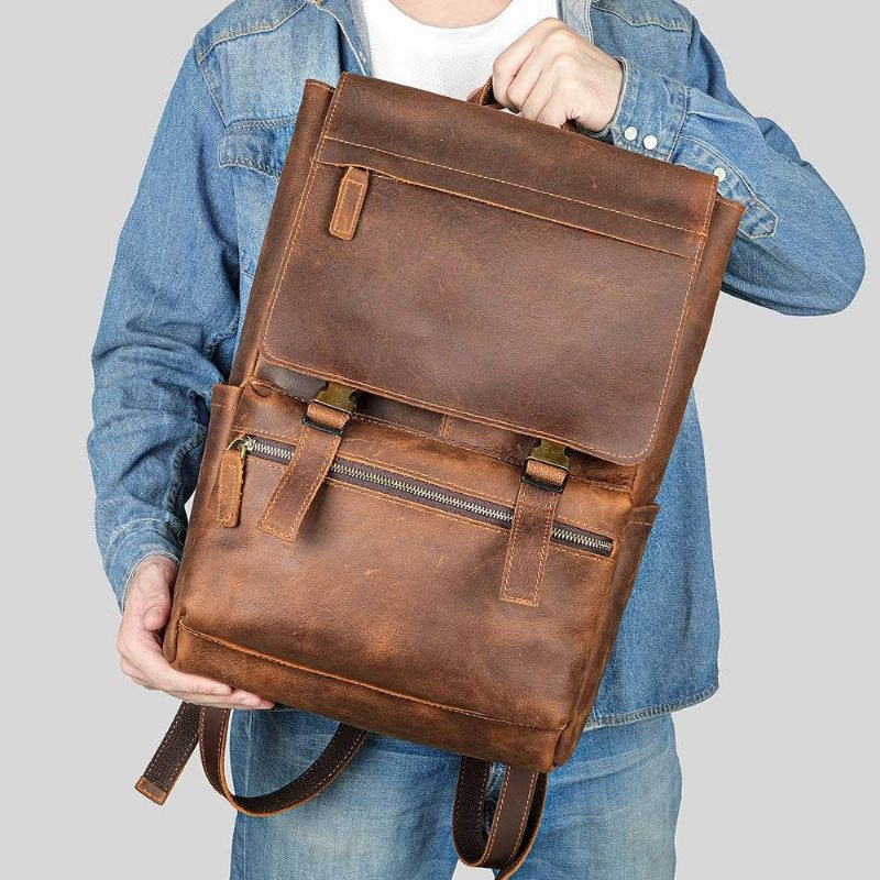 Pánské Batohy Z Hovězí Kůže Business Travel Computer Backpack - Káva