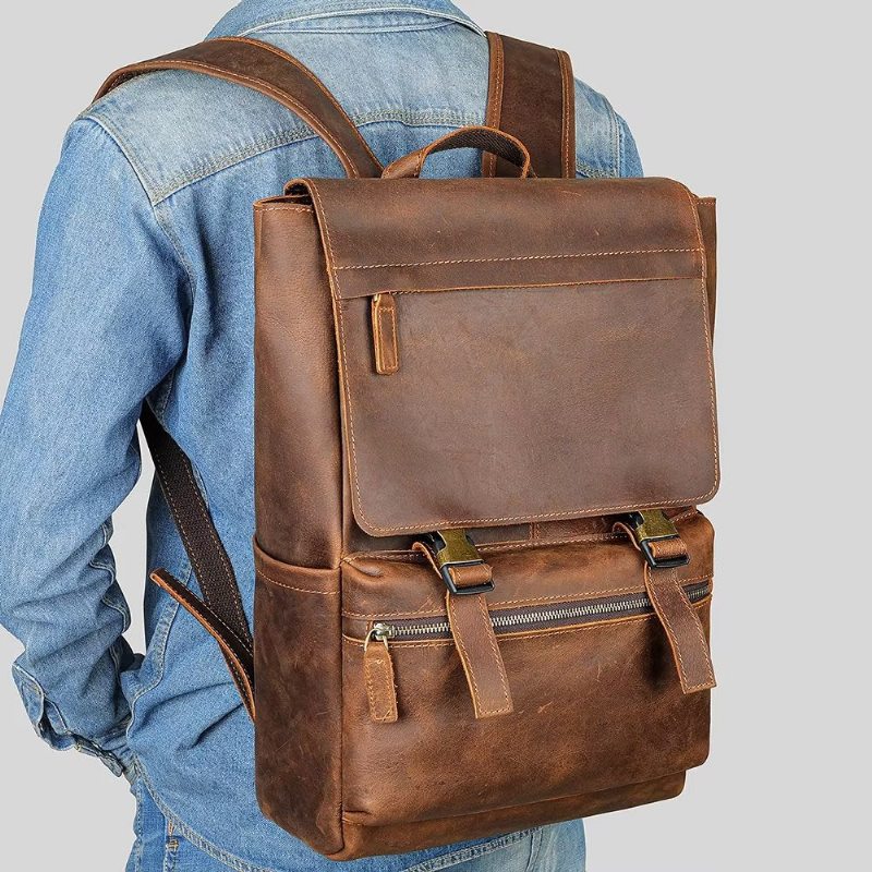 Pánské Batohy Z Hovězí Kůže Business Travel Computer Backpack - Káva