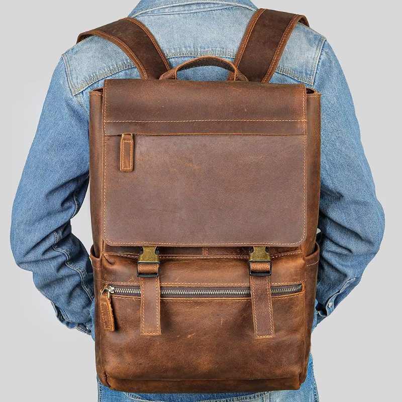 Pánské Batohy Z Hovězí Kůže Business Travel Computer Backpack - Káva