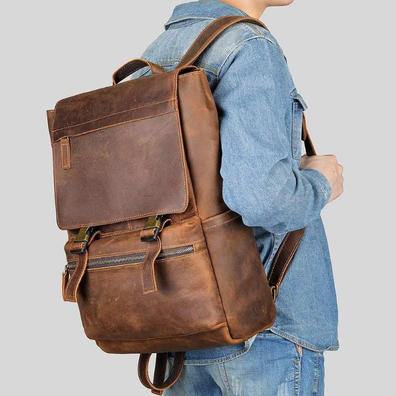 Pánské Batohy Z Hovězí Kůže Business Travel Computer Backpack - Káva