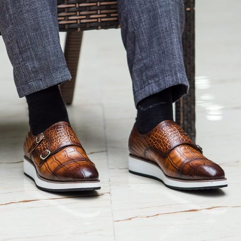 Pánské Formální Boty Monkstraps S Vynikající Texturou Crocodile - Káva