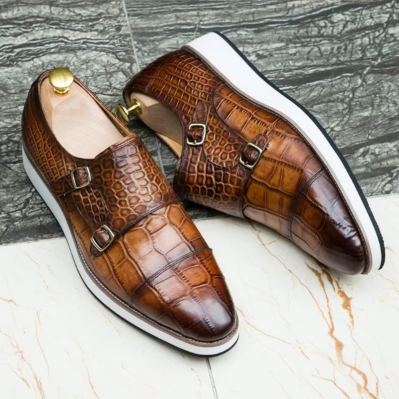 Pánské Formální Boty Monkstraps S Vynikající Texturou Crocodile - Káva