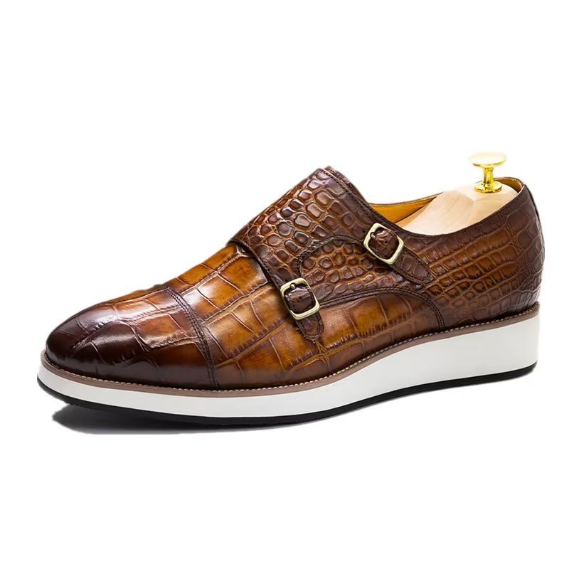 Pánské Formální Boty Monkstraps S Vynikající Texturou Crocodile - Káva