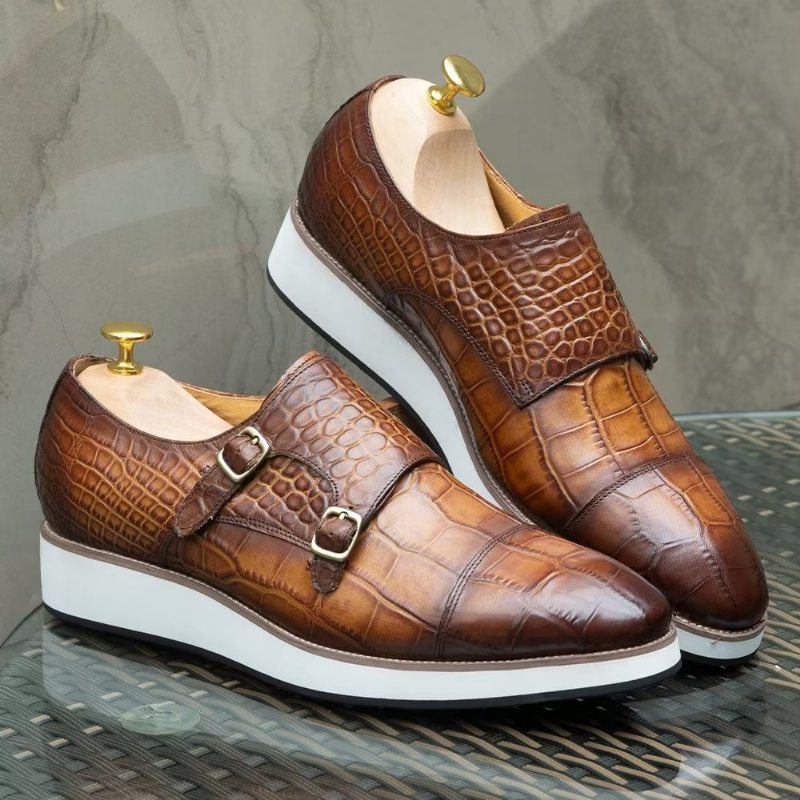 Pánské Formální Boty Monkstraps S Vynikající Texturou Crocodile - Káva