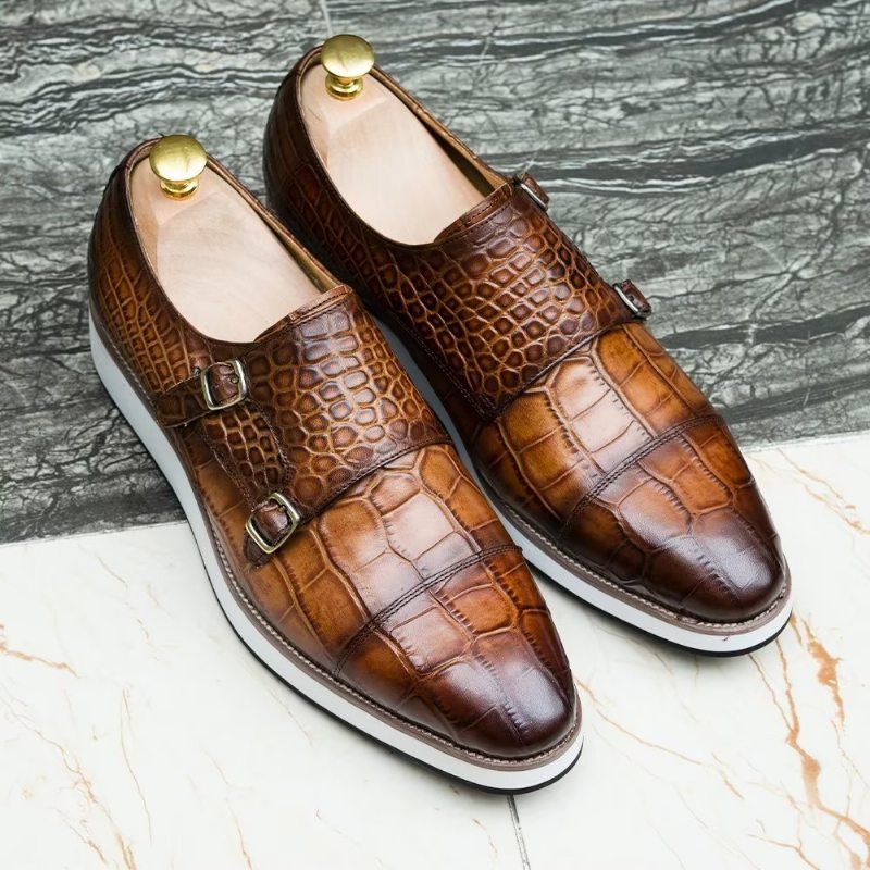 Pánské Formální Boty Monkstraps S Vynikající Texturou Crocodile - Káva