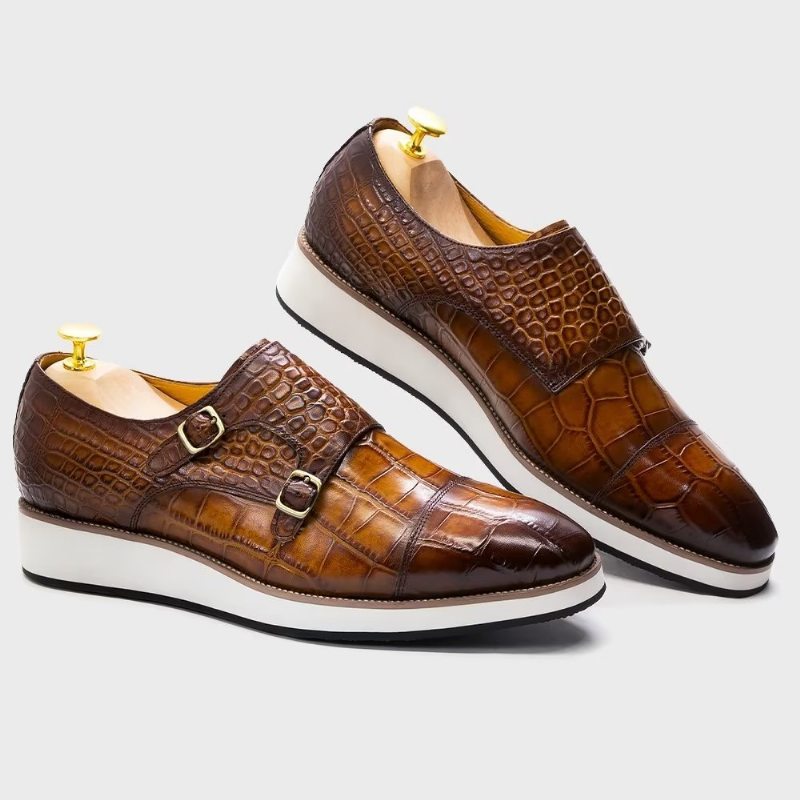 Pánské Formální Boty Monkstraps S Vynikající Texturou Crocodile - Káva