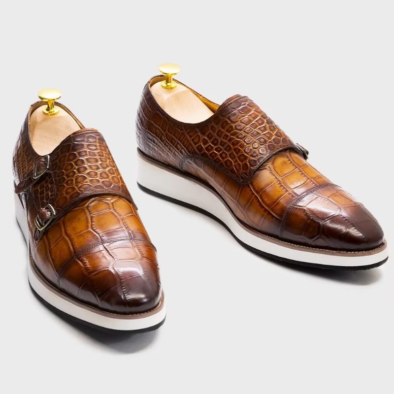 Pánské Formální Boty Monkstraps S Vynikající Texturou Crocodile - Káva