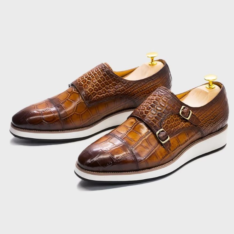 Pánské Formální Boty Monkstraps S Vynikající Texturou Crocodile - Káva