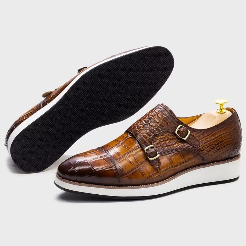 Pánské Formální Boty Monkstraps S Vynikající Texturou Crocodile - Káva