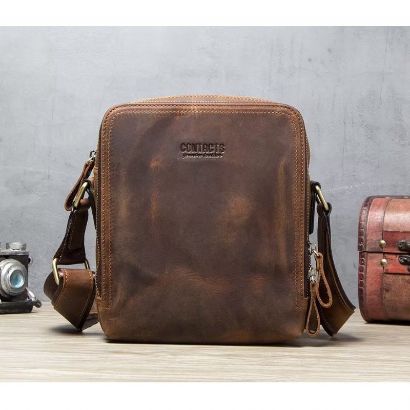 Pánské Kabelky Přes Rameno Elegantní Kabelka Crazy Horse Leather Rugged Crossbody - Káva