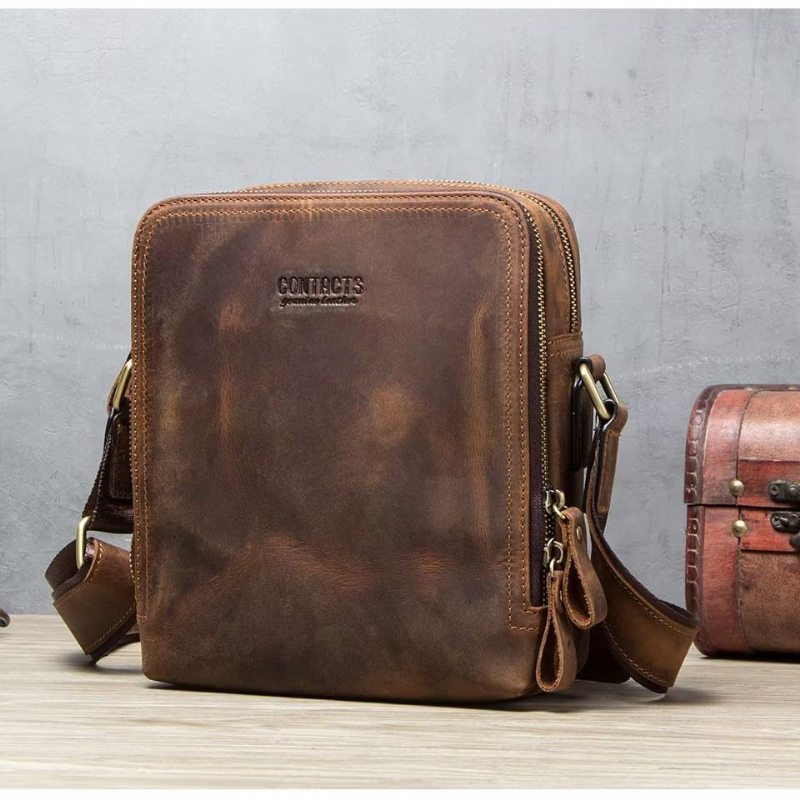 Pánské Kabelky Přes Rameno Elegantní Kabelka Crazy Horse Leather Rugged Crossbody - Káva