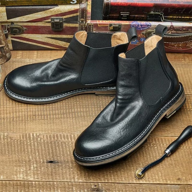 Pánské Kozačky Elegantní Koňské Slip On Kotníkové - Černá