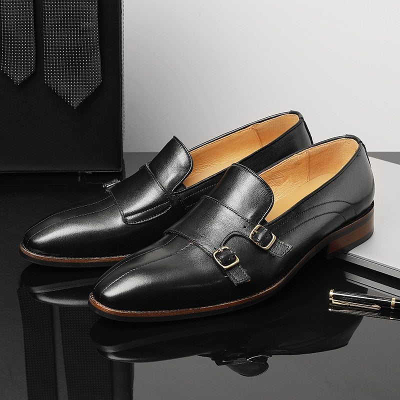 Pánské Mokasíny Párty Monk Strap Z Rafinované Exotické Kůže - Černá