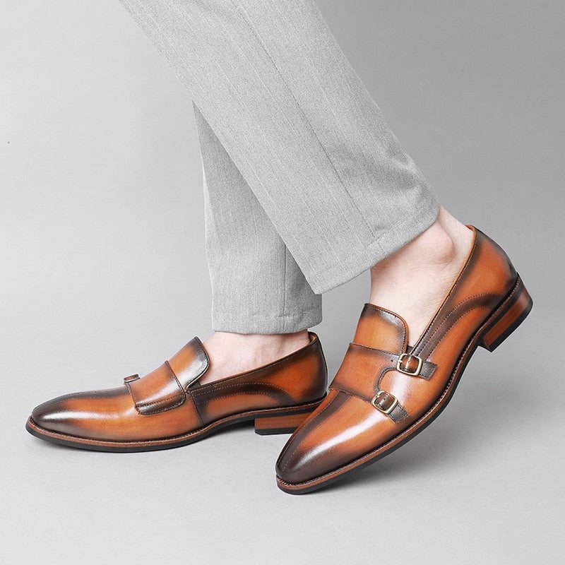 Pánské Mokasíny Párty Monk Strap Z Rafinované Exotické Kůže - Hnědá