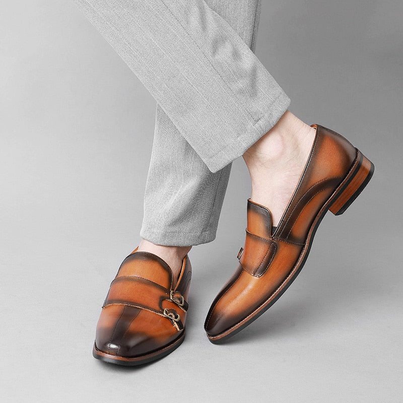 Pánské Mokasíny Párty Monk Strap Z Rafinované Exotické Kůže - Hnědá