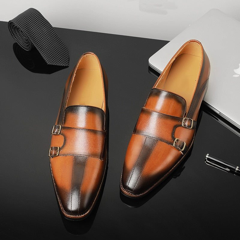 Pánské Mokasíny Párty Monk Strap Z Rafinované Exotické Kůže - Hnědá