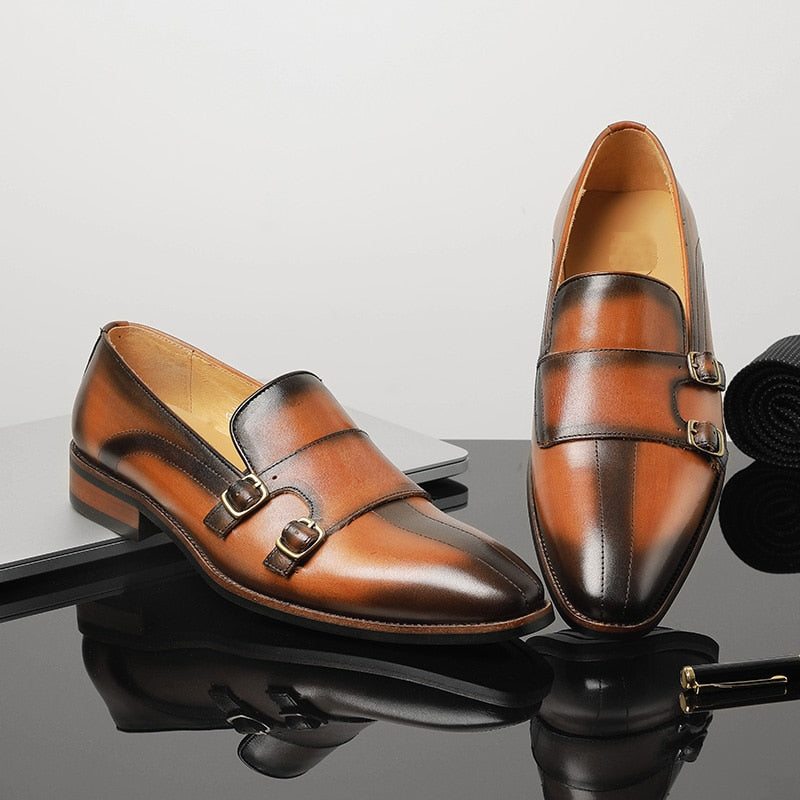 Pánské Mokasíny Párty Monk Strap Z Rafinované Exotické Kůže - Hnědá