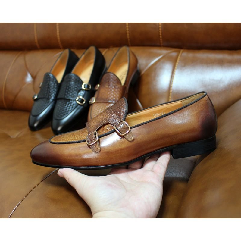 Pánské Mokasíny Suave Kožené Svatební Monk Strap - Káva