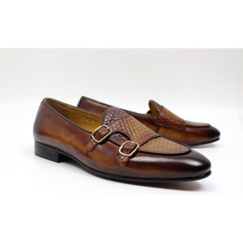 Pánské Mokasíny Suave Kožené Svatební Monk Strap - Káva