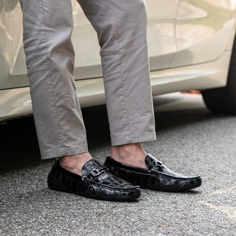 Pánské Mokasíny Z Exotické Krokodýlí Kůže Slip On S Kovovou Špičkou - Černá