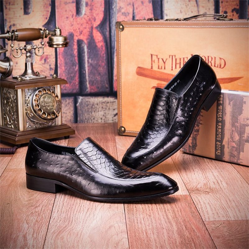 Pánské Společenské Boty Croc Texture Leather Slip-on Oxford Brogues - Černá