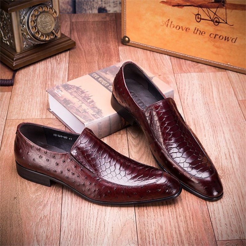 Pánské Společenské Boty Croc Texture Leather Slip-on Oxford Brogues - Červená