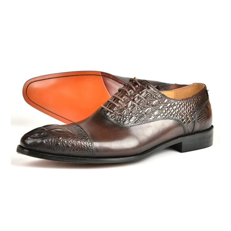 Pánské Společenské Boty Elegance Crocodile Texture Obuv Oxford - Káva