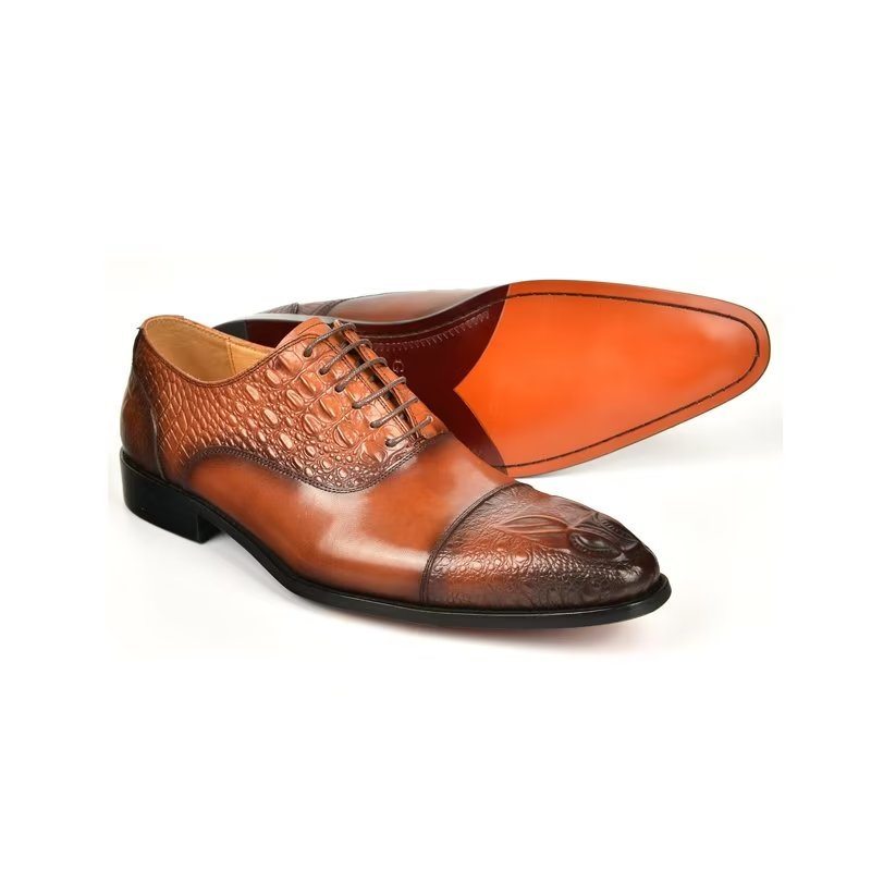 Pánské Společenské Boty Elegance Crocodile Texture Obuv Oxford - Hnědá