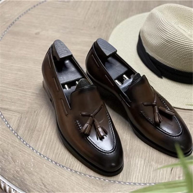 Pánské Společenské Boty Elegantní Kožené Oxford Ve Stylu Tassel Brogue - Káva