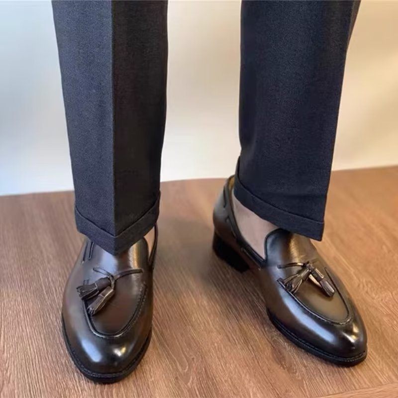 Pánské Společenské Boty Elegantní Kožené Oxford Ve Stylu Tassel Brogue - Káva