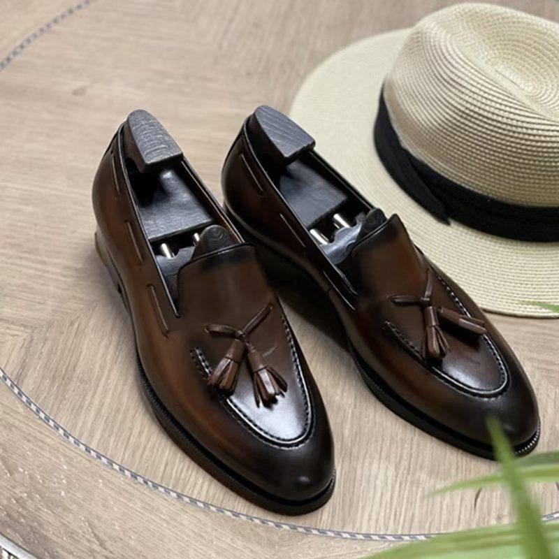 Pánské Společenské Boty Elegantní Kožené Oxford Ve Stylu Tassel Brogue - Káva