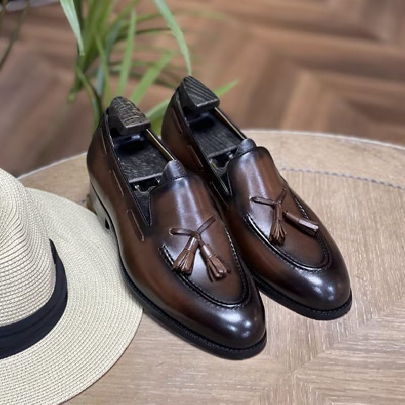 Pánské Společenské Boty Elegantní Kožené Oxford Ve Stylu Tassel Brogue - Káva