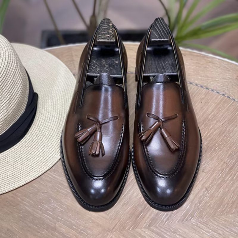 Pánské Společenské Boty Elegantní Kožené Oxford Ve Stylu Tassel Brogue - Káva