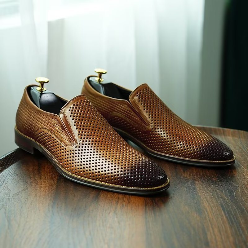 Pánské Společenské Boty Elegantní Kožené Svatební Slip-ony Ve Stylu Brogue - Hnědá