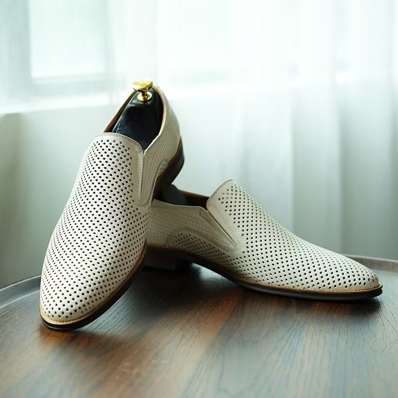 Pánské Společenské Boty Elegantní Kožené Svatební Slip-ony Ve Stylu Brogue - Bílá