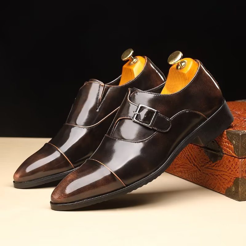 Pánské Společenské Boty Elegantní Se Špičatou Špičkou Monkstrap - Káva