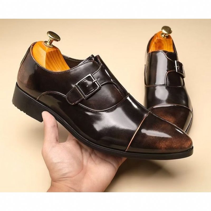 Pánské Společenské Boty Elegantní Se Špičatou Špičkou Monkstrap - Káva