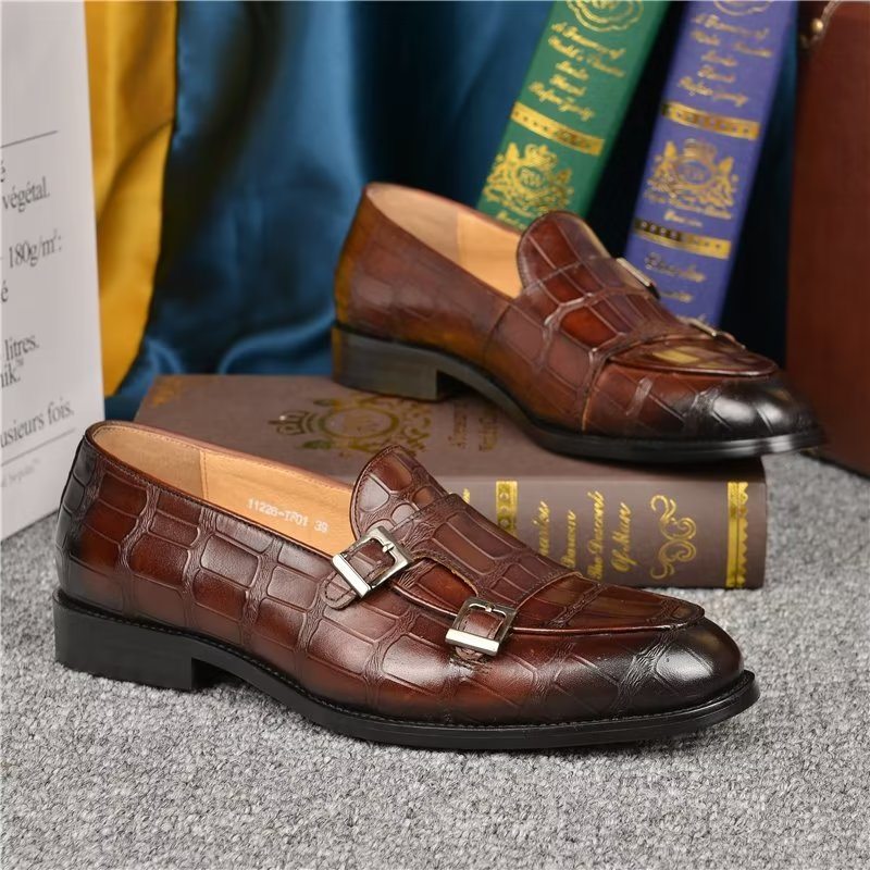 Pánské Společenské Boty Exotická Textura Modish Monkstrap - Káva