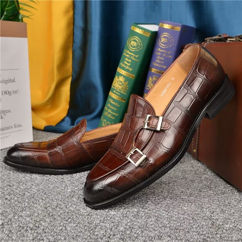 Pánské Společenské Boty Exotická Textura Modish Monkstrap - Káva