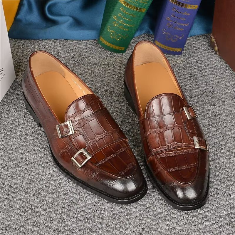 Pánské Společenské Boty Exotická Textura Modish Monkstrap - Káva