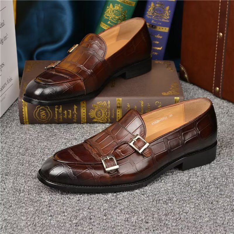 Pánské Společenské Boty Exotická Textura Modish Monkstrap - Káva