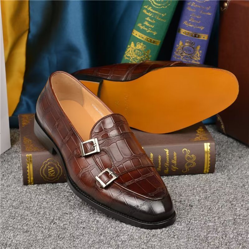 Pánské Společenské Boty Exotická Textura Modish Monkstrap - Káva