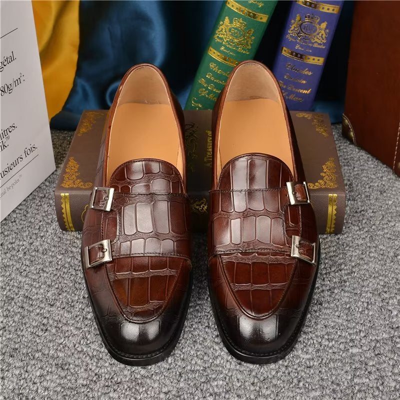 Pánské Společenské Boty Exotická Textura Modish Monkstrap - Káva