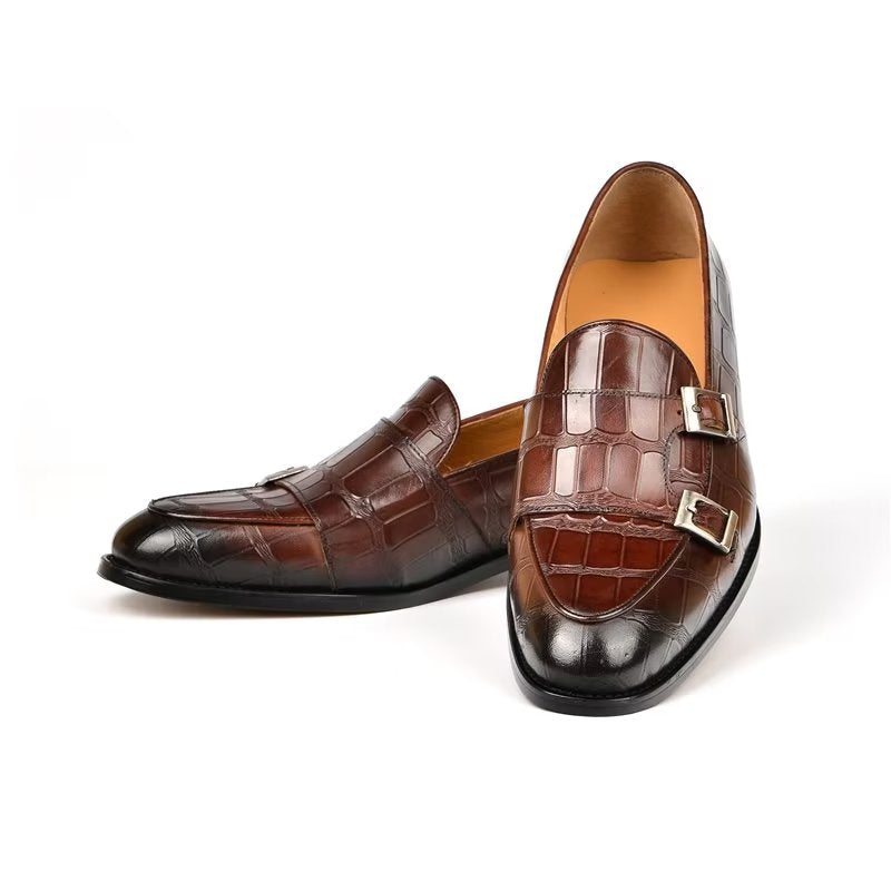 Pánské Společenské Boty Exotická Textura Modish Monkstrap - Káva