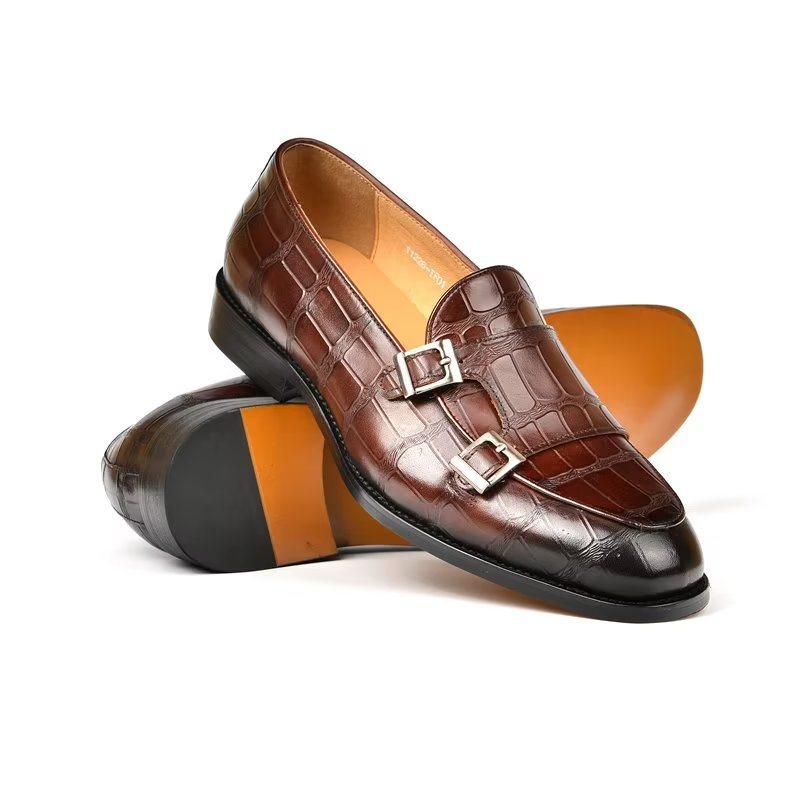 Pánské Společenské Boty Exotická Textura Modish Monkstrap - Káva