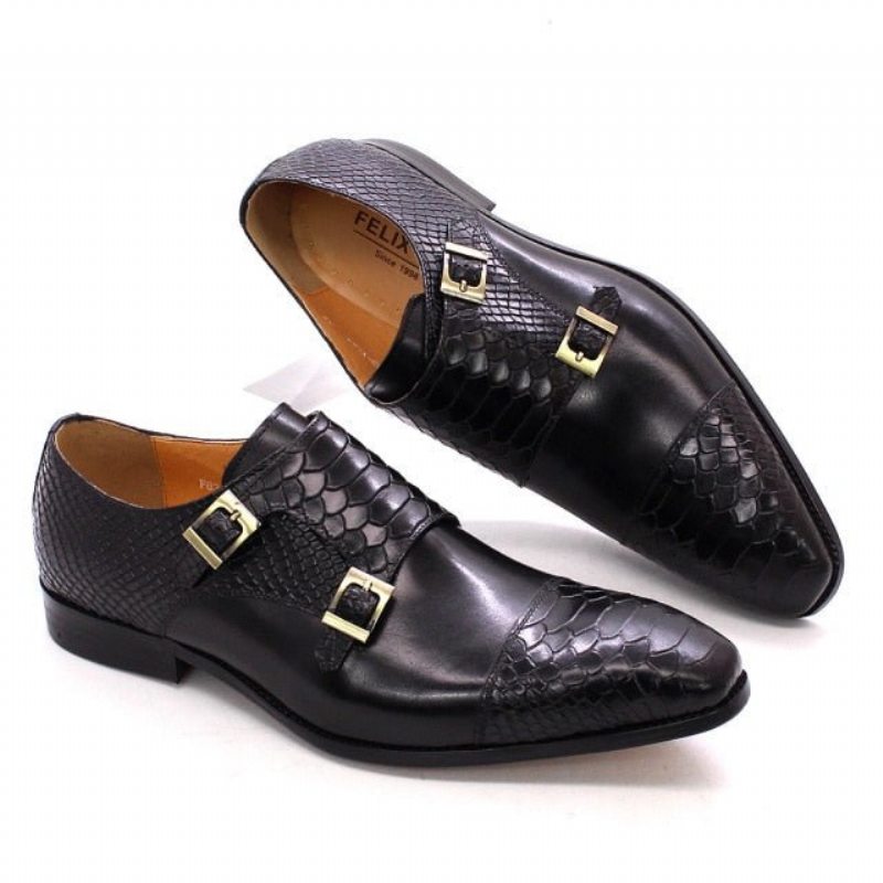 Pánské Společenské Boty Lesklé Kožené Se Špičatou Špičkou Monk Straps - Černá