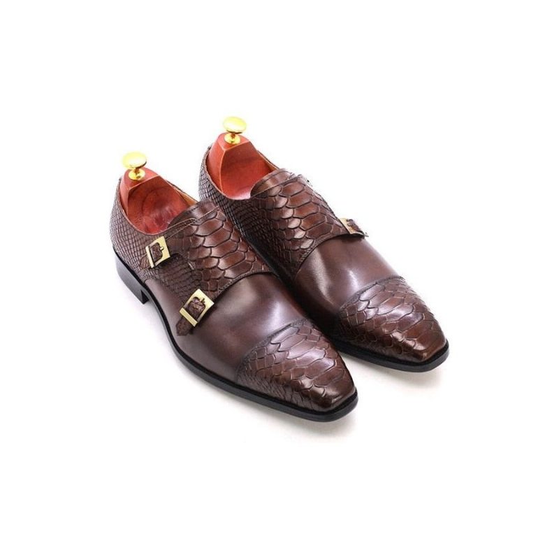 Pánské Společenské Boty Lesklé Kožené Se Špičatou Špičkou Monk Straps - Káva