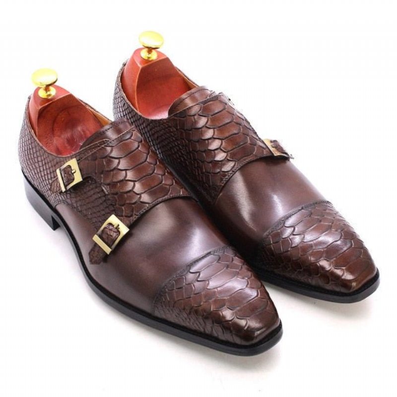 Pánské Společenské Boty Lesklé Kožené Se Špičatou Špičkou Monk Straps - Káva